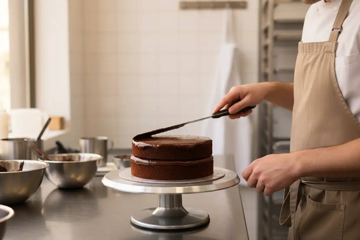 Applying a thin crumb coat of ganache on a two-layer chocolate cake using an offset spatula
