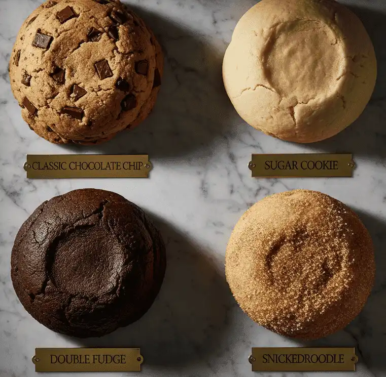 Assortment of cookie cake dough bases including original chocolate chip, double chocolate, and sugar cookie