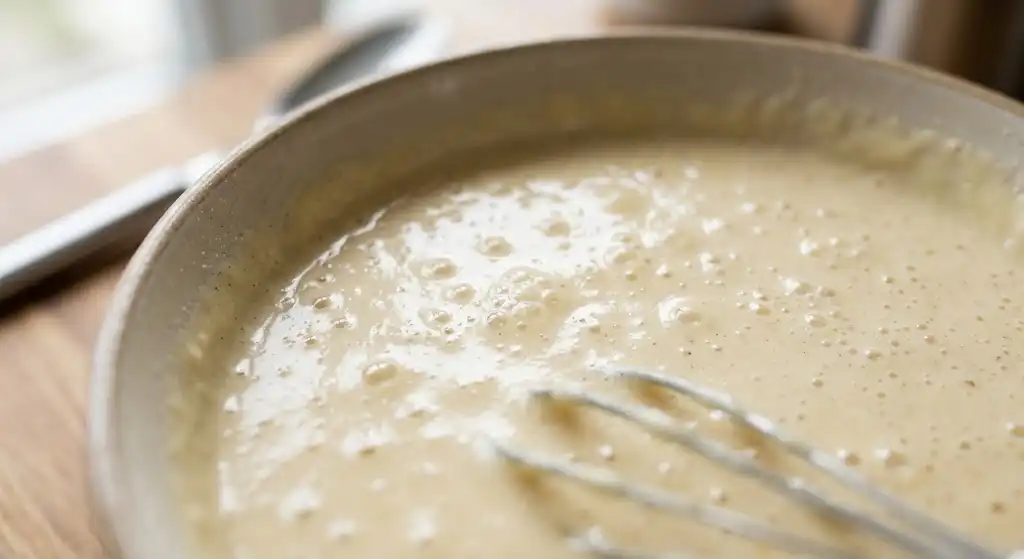 Close-up macro shot of raw cake batter showing air bubbles trapped in the emulsion