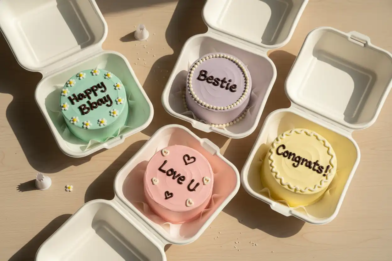 Collection of Korean bento lunchbox cakes with minimalist lettering and pastel borders