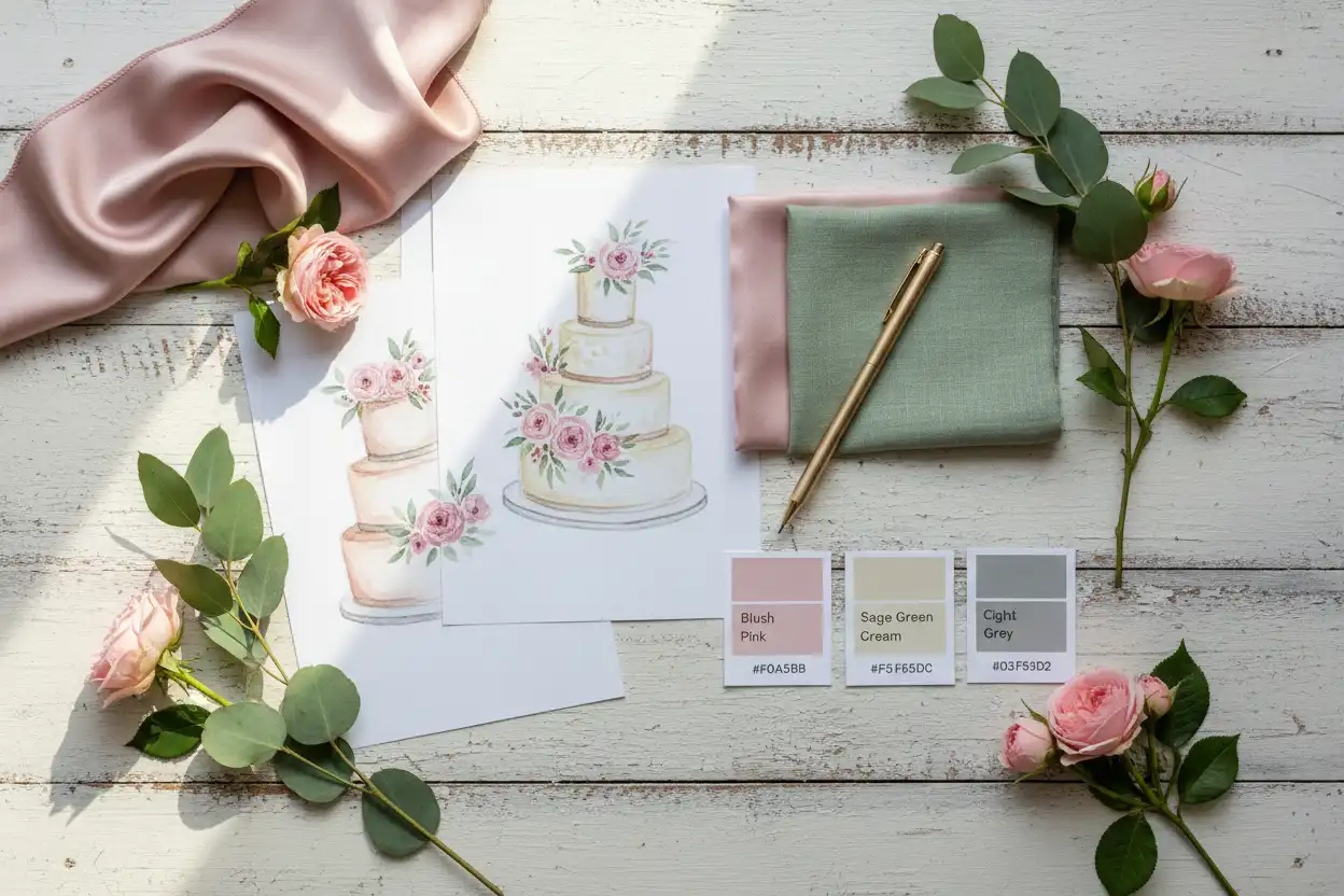 Consultation mood board with cake sketches, color swatches, and fresh flower inspiration
