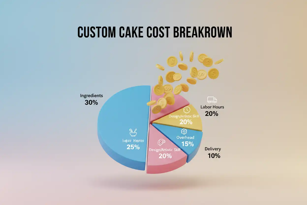 Cost breakdown chart illustrating ingredients, labor, artistic skill, delivery, and overhead in custom cake pricing