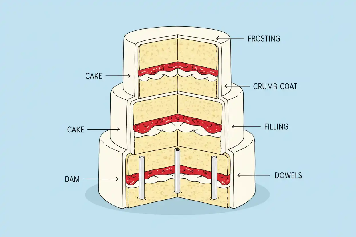 Cross-section diagram showing cake layer ratios, filling dams, and dowel placement