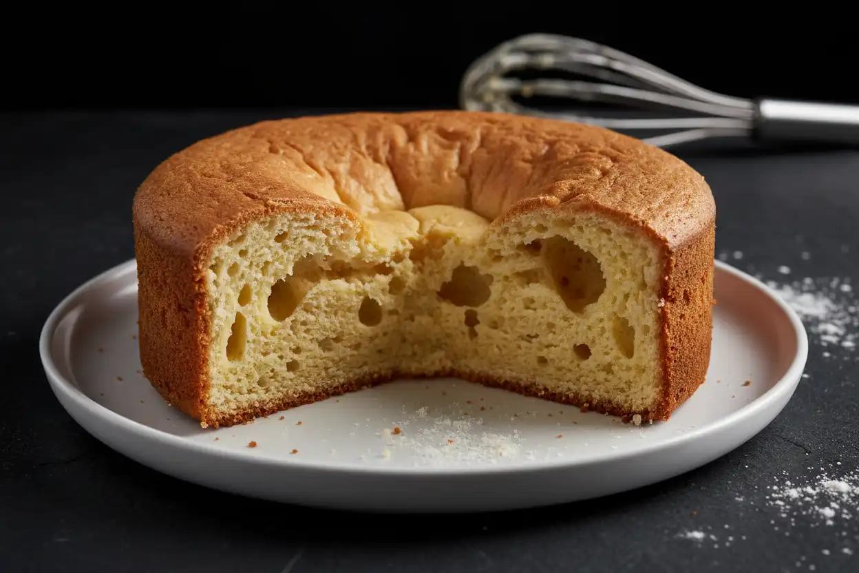 Cross-section of a failed cake showing large tunnels and a sunken center due to over-mixing