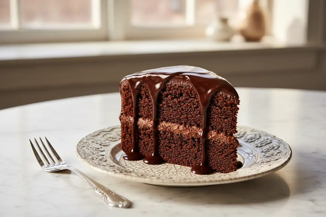 Cross-section slice of a two-layer chocolate cake with thick ganache filling and glossy poured glaze