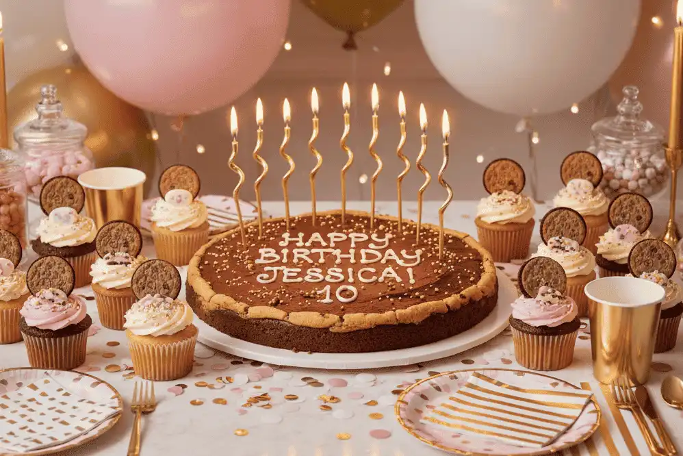 Decorated party table display featuring a 16-inch cookie cake surrounded by cupcakes and plates