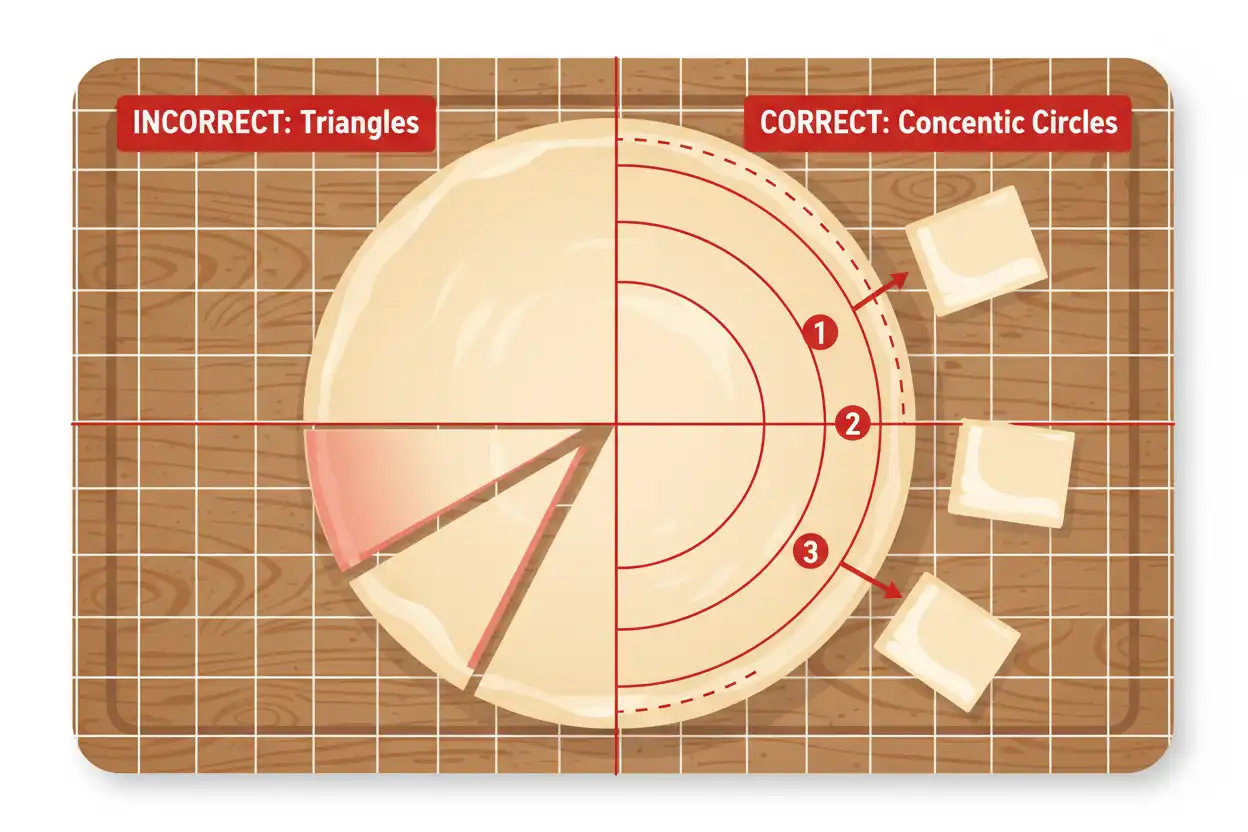 Diagram showing how to cut a round tier using concentric circles instead of triangular wedges for maximum portion yield
