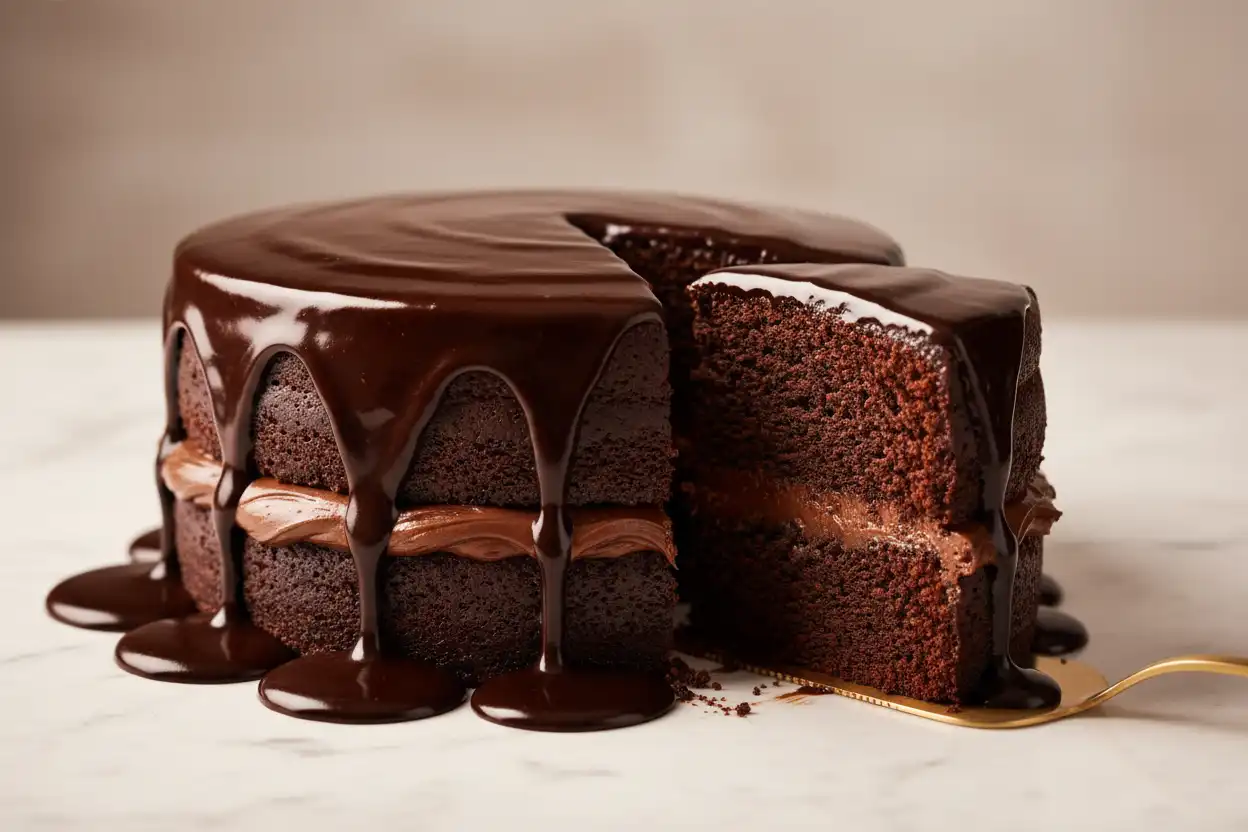 Finished, assembled chocolate ganache cake on a ceramic stand with clean cut slice showing crumb