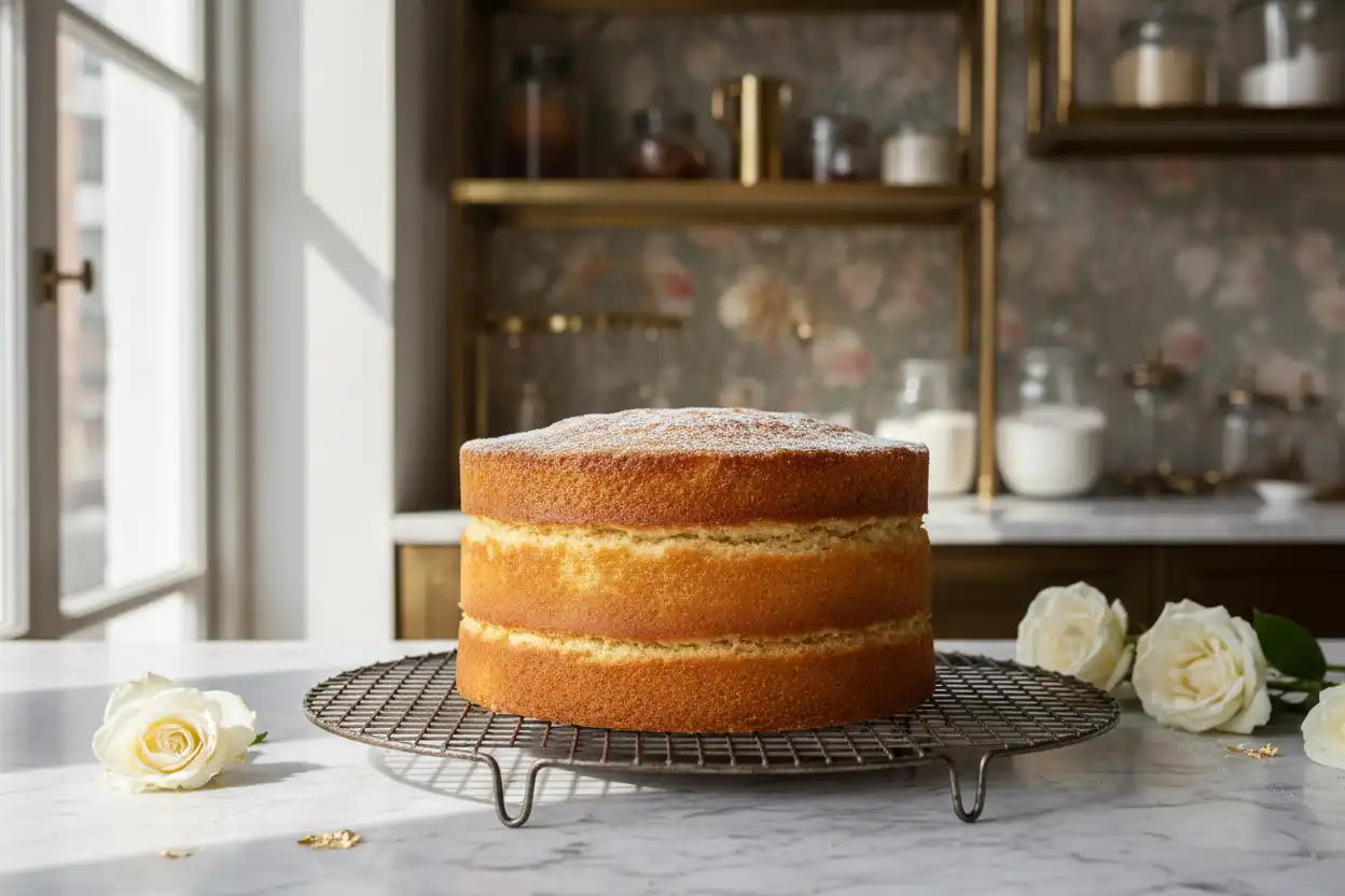 Finished, perfectly golden-brown layer cake resting on a wire cooling rack
