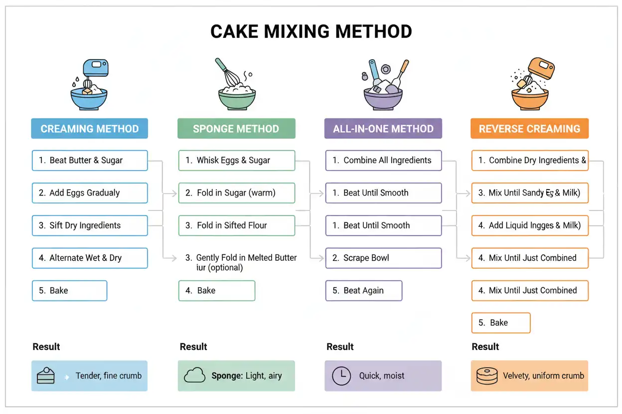 Flowchart comparing the Creaming, Sponge, All-in-One, and Reverse Creaming methods