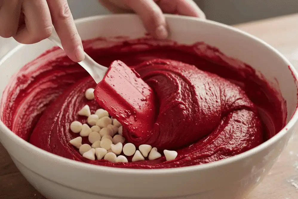 Folding white chocolate chips into the thick red dough