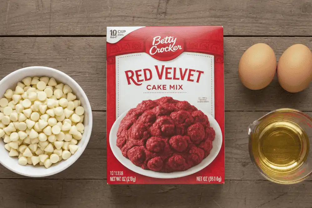 Ingredients laid out red velvet cake mix box, eggs, vegetable oil, and white chocolate chips