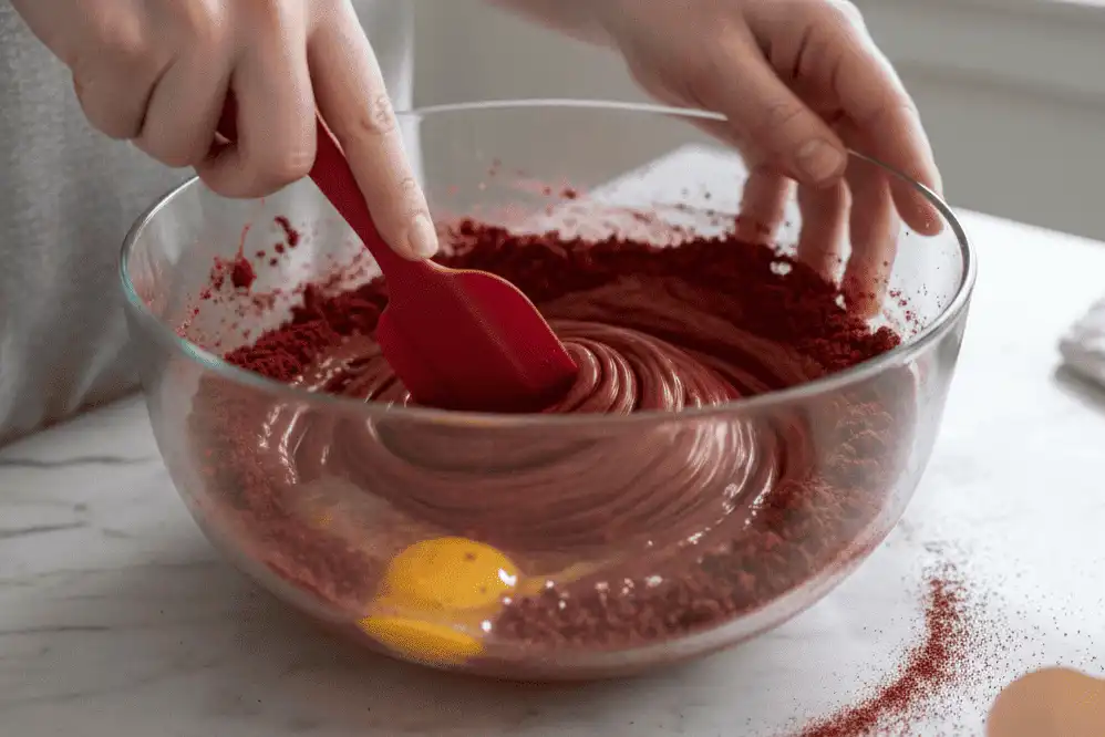 Mixing dry cake mix with oil and eggs in a glass mixing bowl
