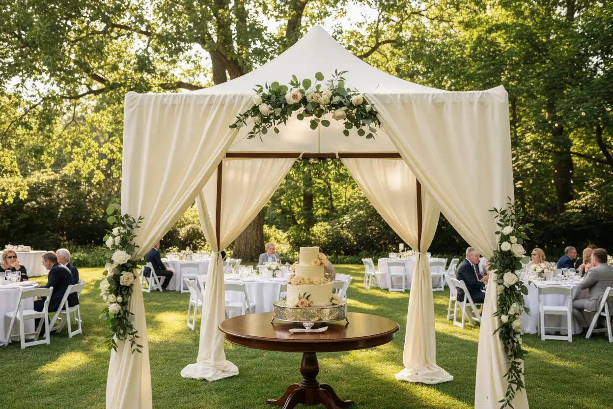 Outdoor display setup with shaded cake table positioned away from direct sunlight