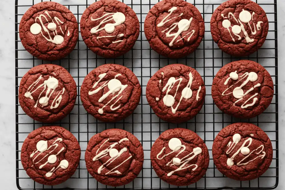 Overhead shot of freshly baked red velvet cake mix cookies with white chocolate chips on a wire cooling rack