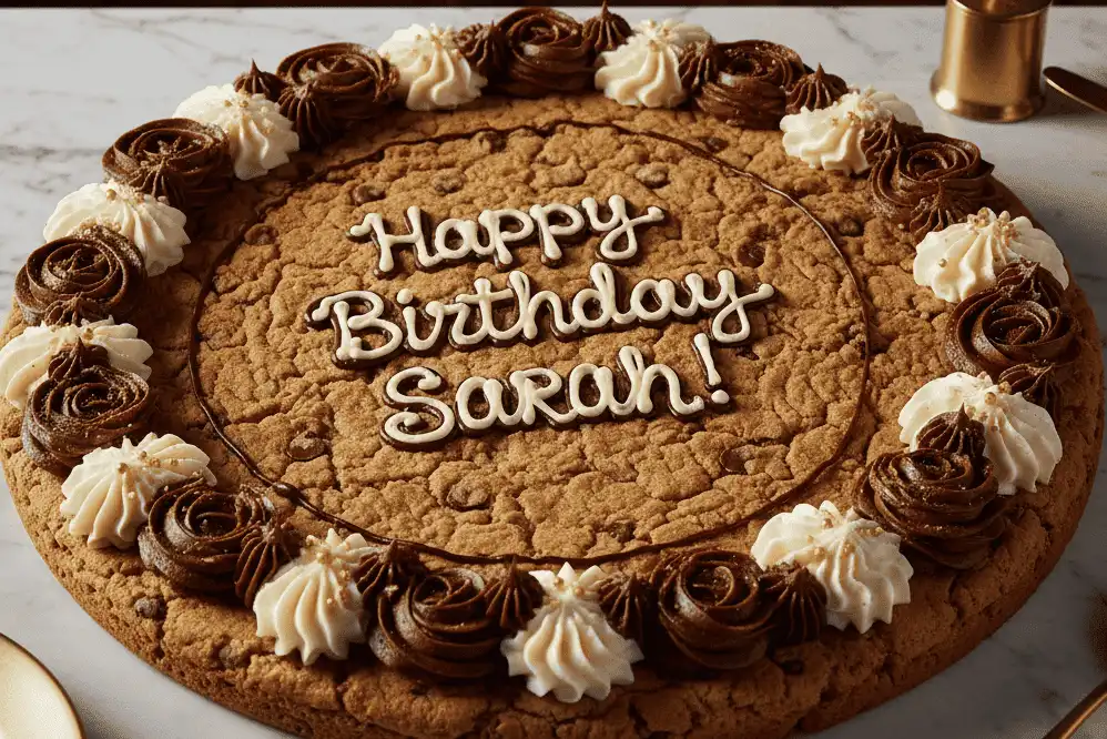 Overview of a freshly decorated 16-inch Great American Cookie Cake with chocolate fudge piping