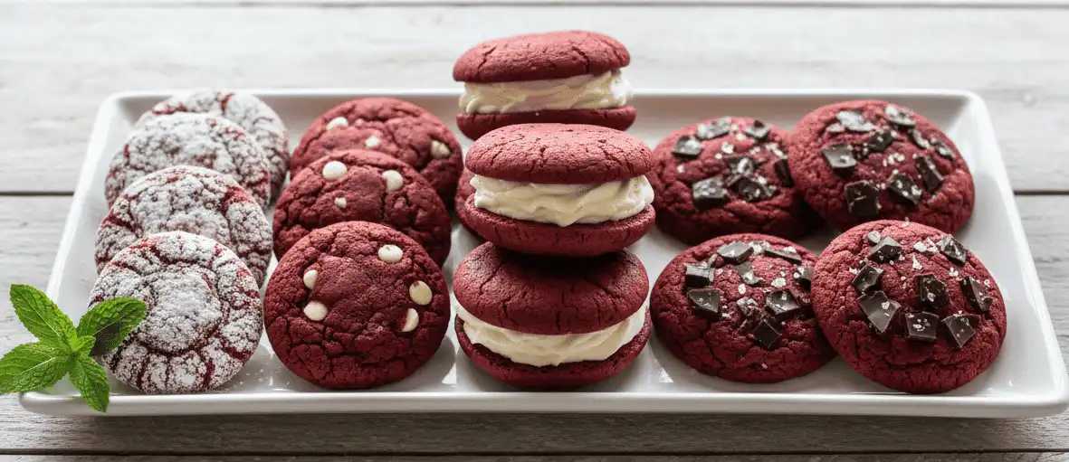 Platter showing different cookie variations crinkle finish, cream cheese sandwich, and dark chocolate chip