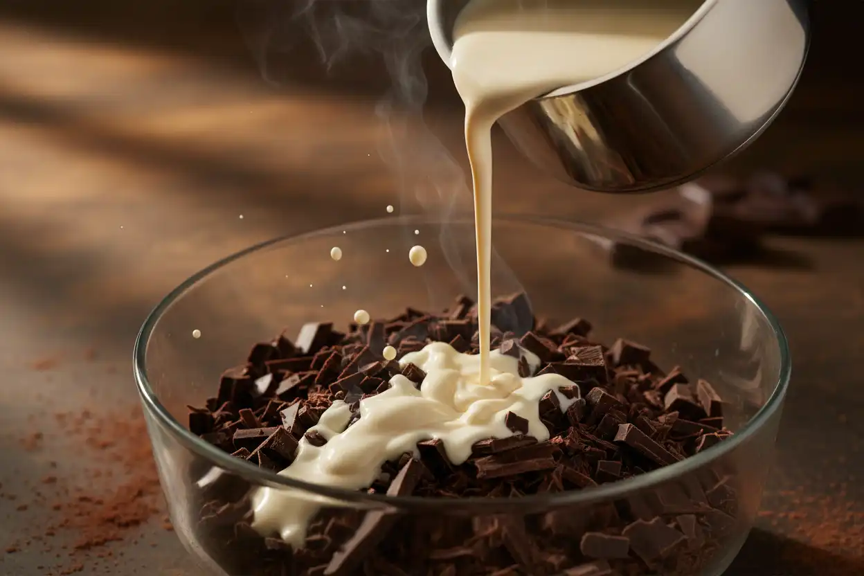 Pouring hot cream over finely chopped dark chocolate in a heatproof glass bowl