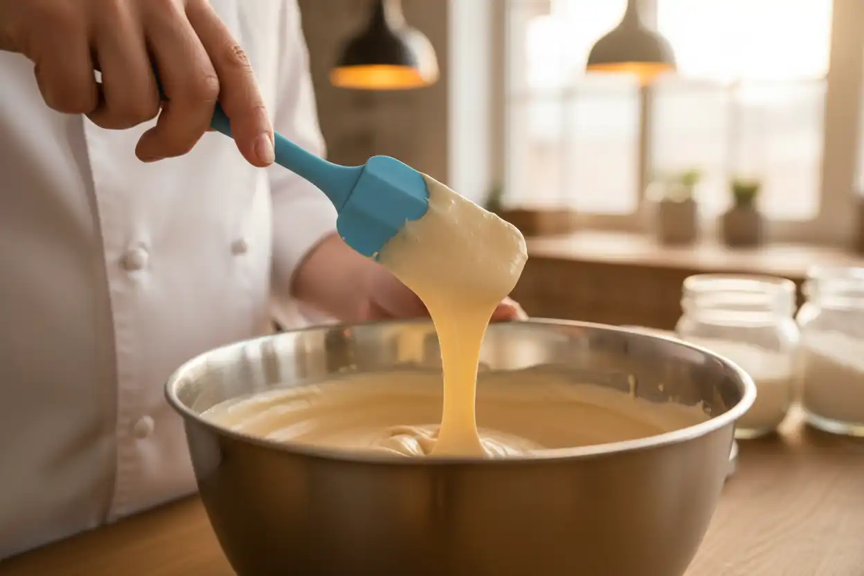 Professional baker inspecting cake batter consistency with a silicone spatula in a stainless steel bowl
