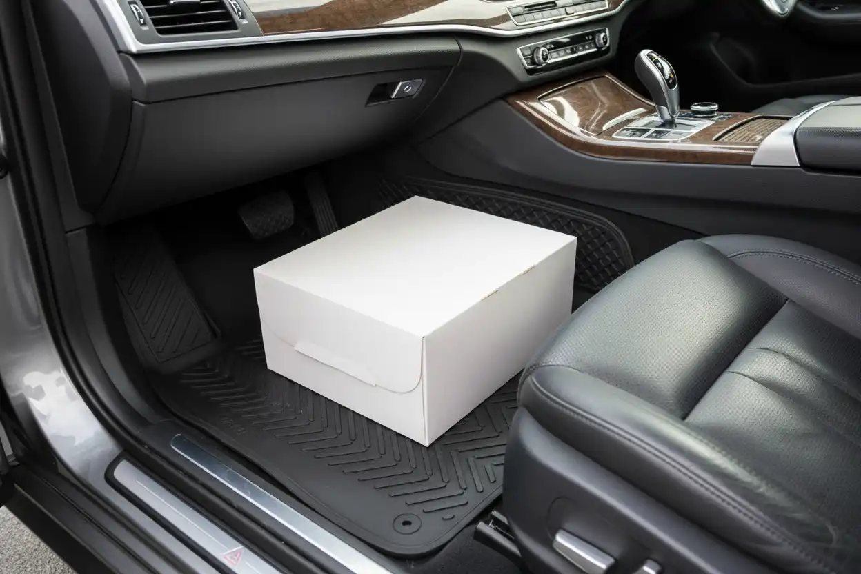 Proper car placement showing cake box sitting flat on the front passenger floorboard on a non-slip mat