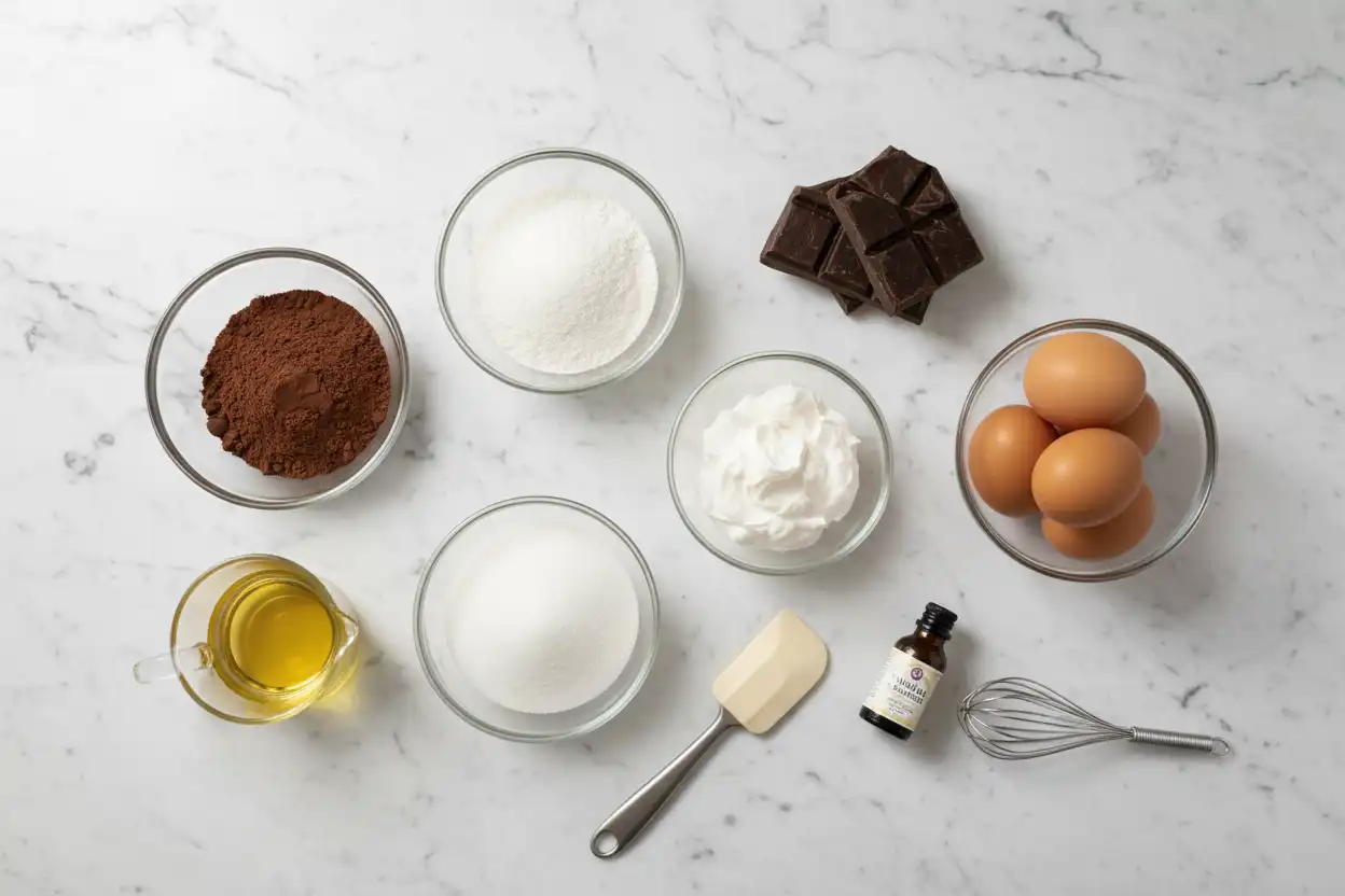 Raw ingredients pre-measured in glass bowls on a marble countertop