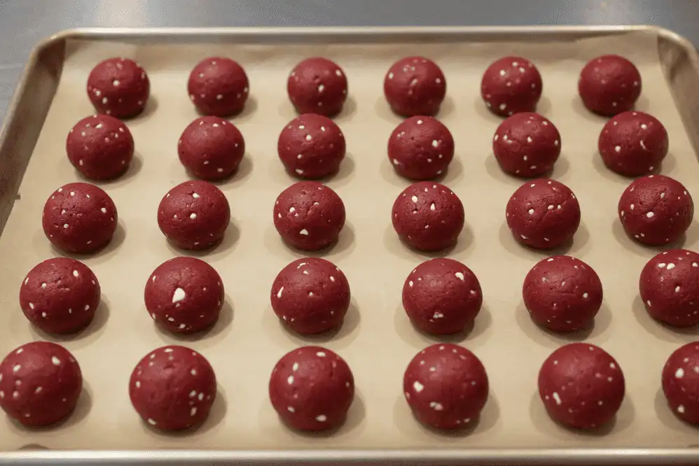 Scooped dough balls evenly spaced on a parchment-lined baking sheet