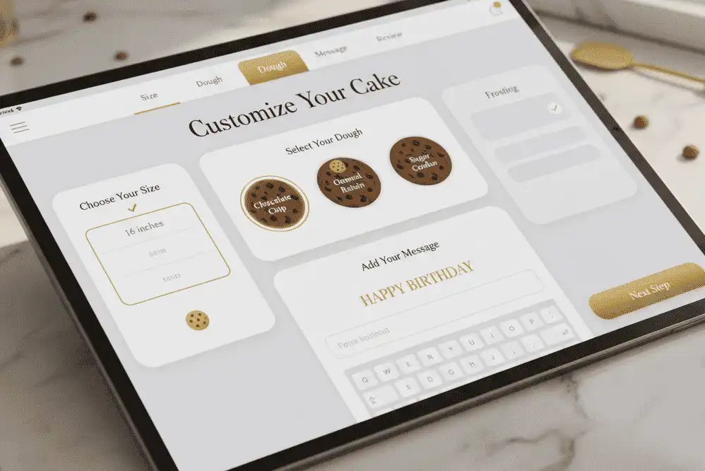 Screen demonstration of selecting customizable options on an online bakery ordering platform