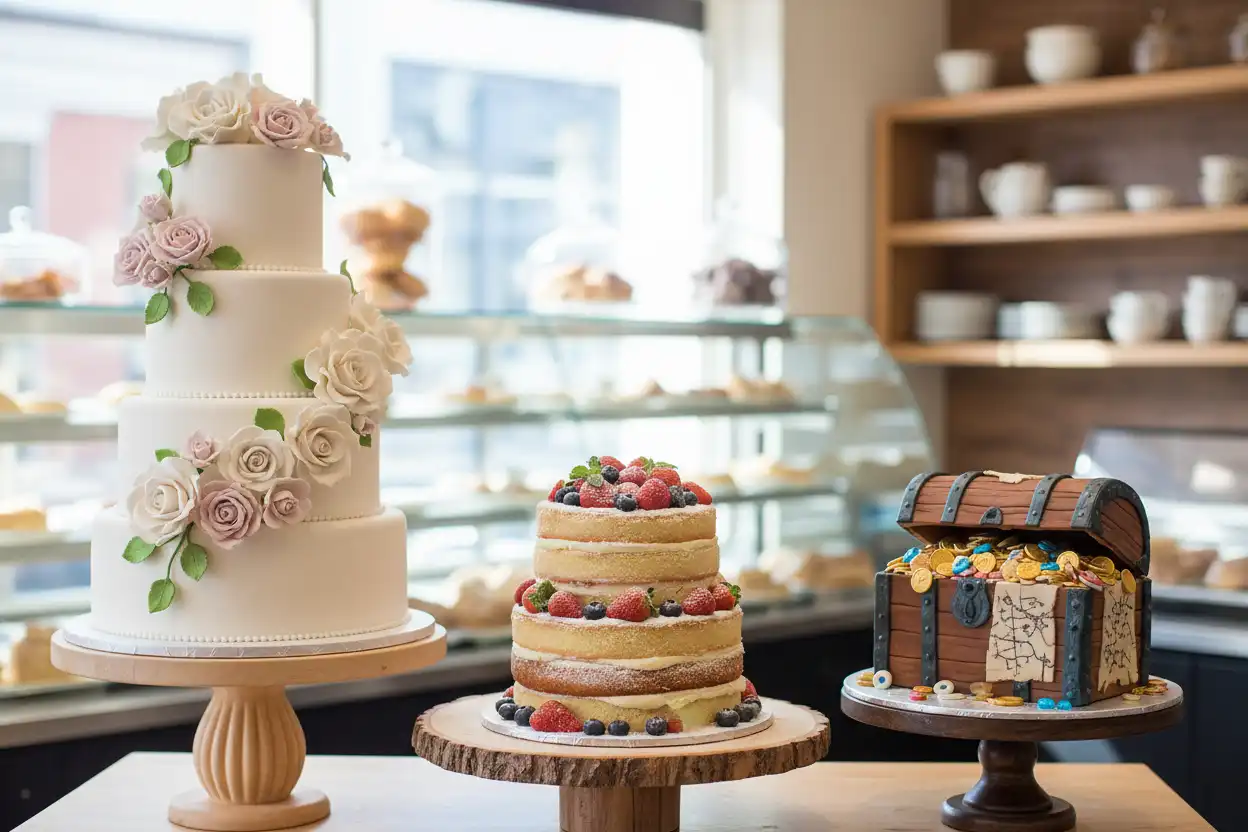 Showcase of different celebration cakes including a multi-tiered wedding cake, a rustic naked cake, and a sculpted birthday cake