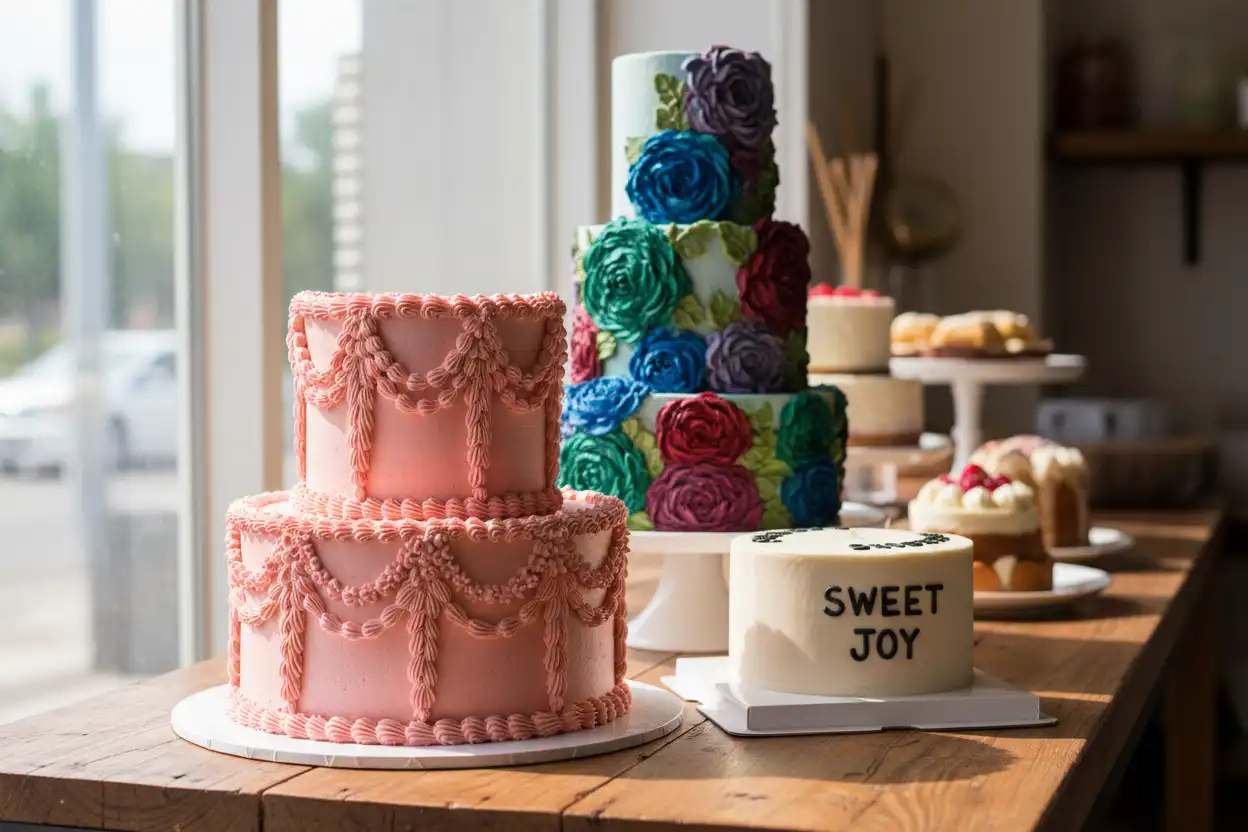Showcase of diverse modern cake styles including vintage piping, minimalist bento cakes, and textured buttercream