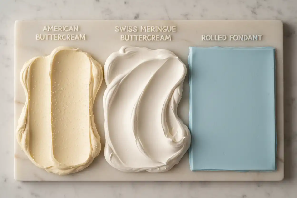 Side-by-side comparison of American buttercream, Swiss meringue buttercream, and rolled fondant textures