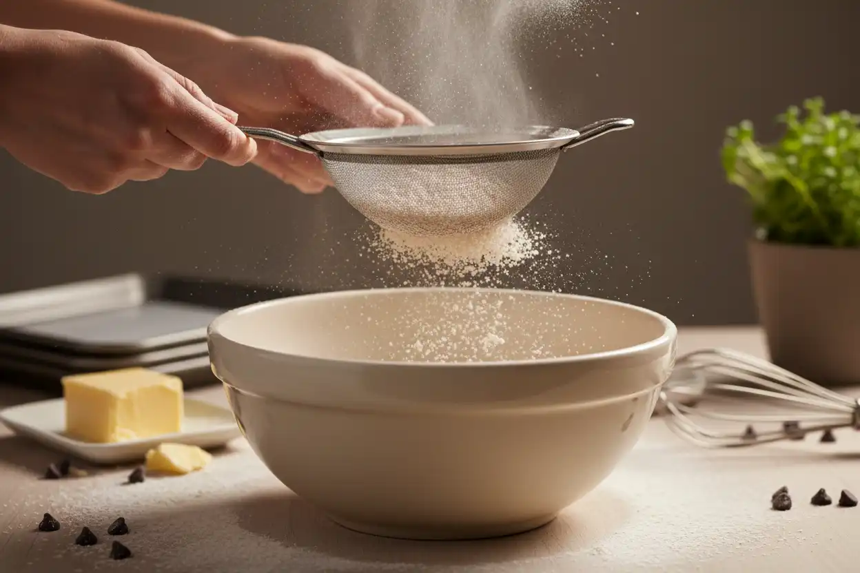Sifting dry ingredients into a large mixing bowl to eliminate cocoa and flour lumps
