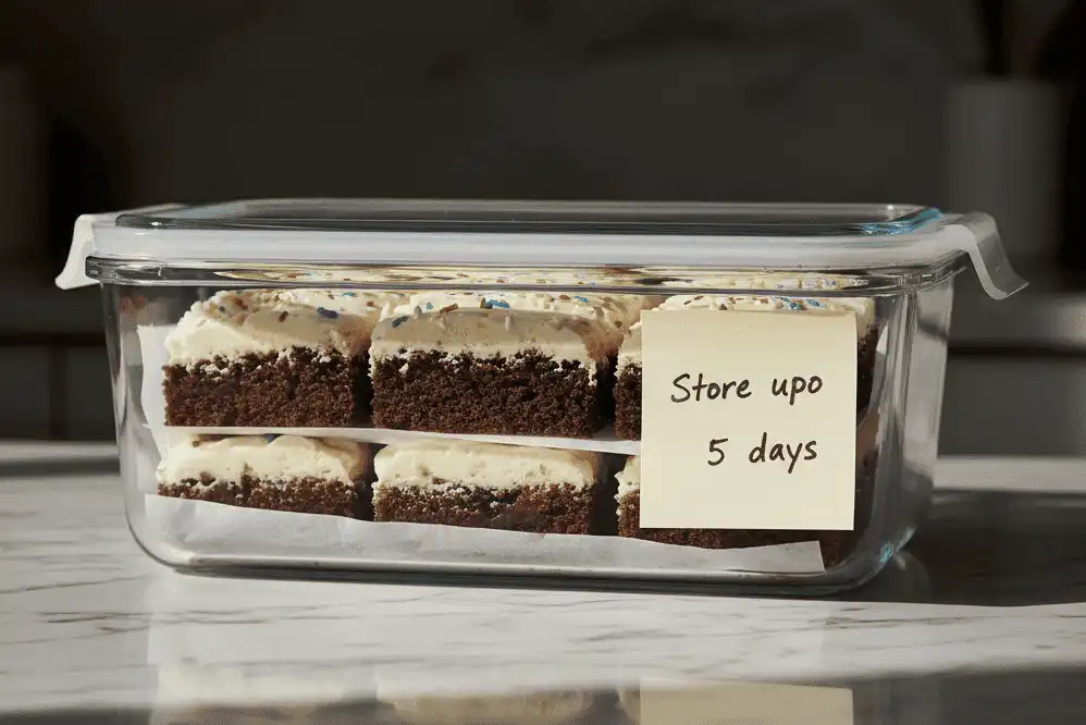 Slices of cookie cake stored in an airtight container layered with parchment sheets