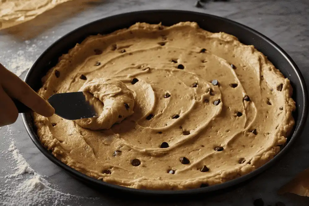 Spreading the thick cookie dough evenly into a greased 12-inch pizza pan with a mini offset spatula