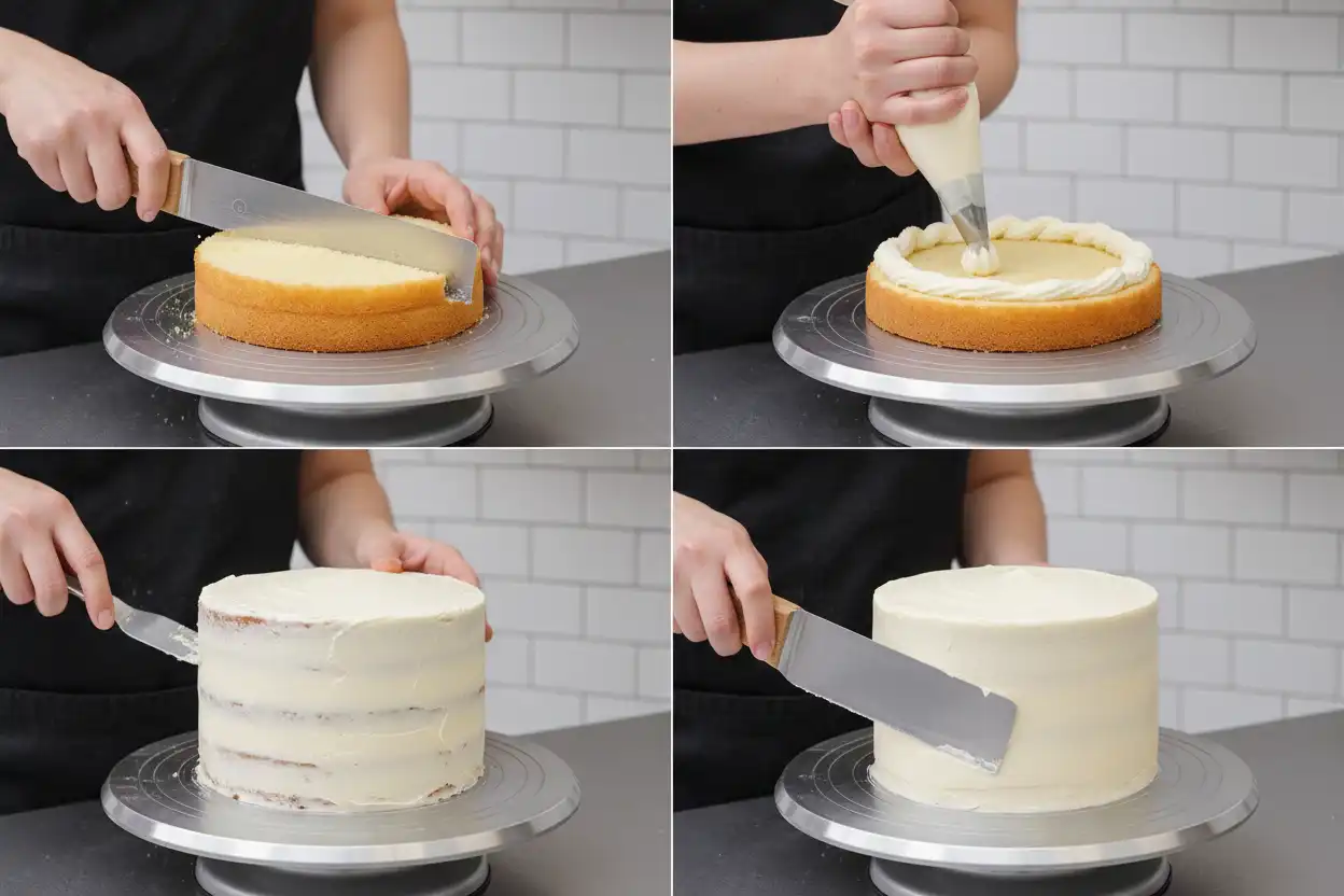 Step-by-step assembly process showing leveling, damming, crumb coating, and final scrape