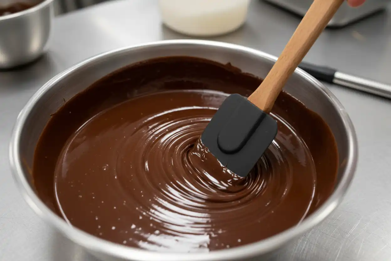 Stirring ganache slowly from the center outward to create a glossy emulsion