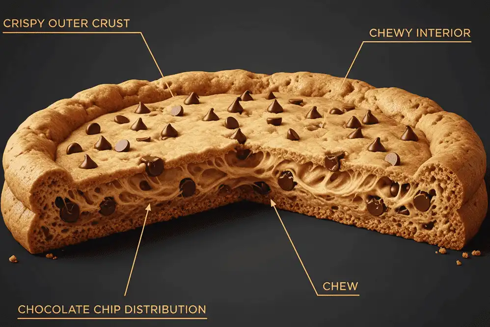 Structural cross-section of a Great American Cookie Cake showing the crisp crust, chewy interior, and piped frosting layers