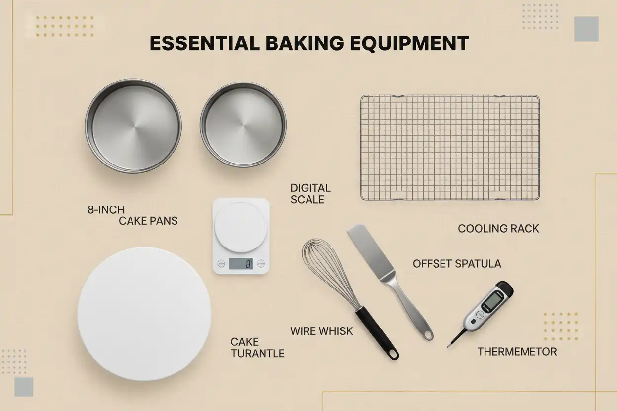 Visual checklist of required tools including pans, whisks, thermometers, and spatulas
