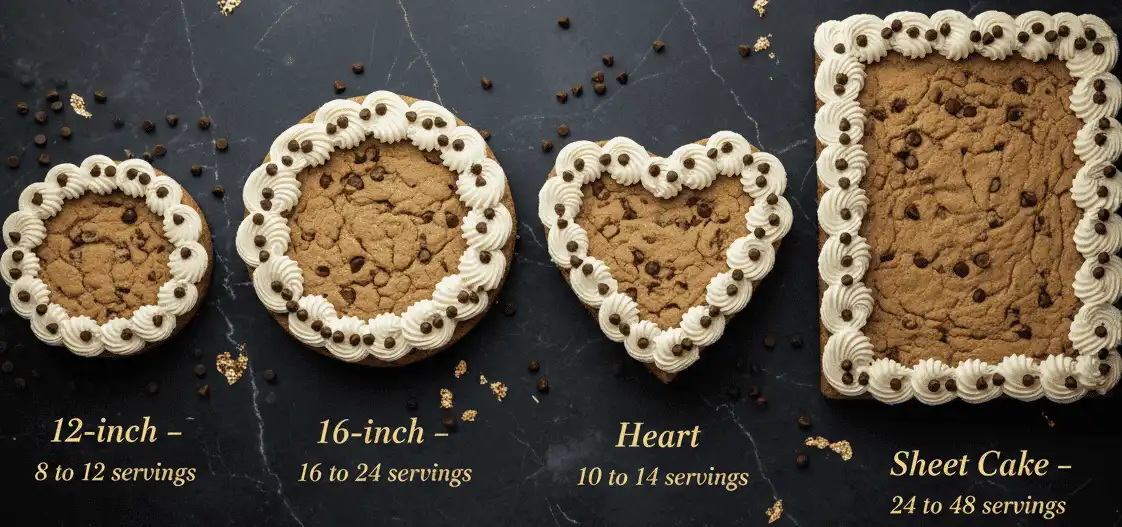 Visual comparison of 12-inch round, 16-inch round, heart-shaped, and sheet cookie cakes