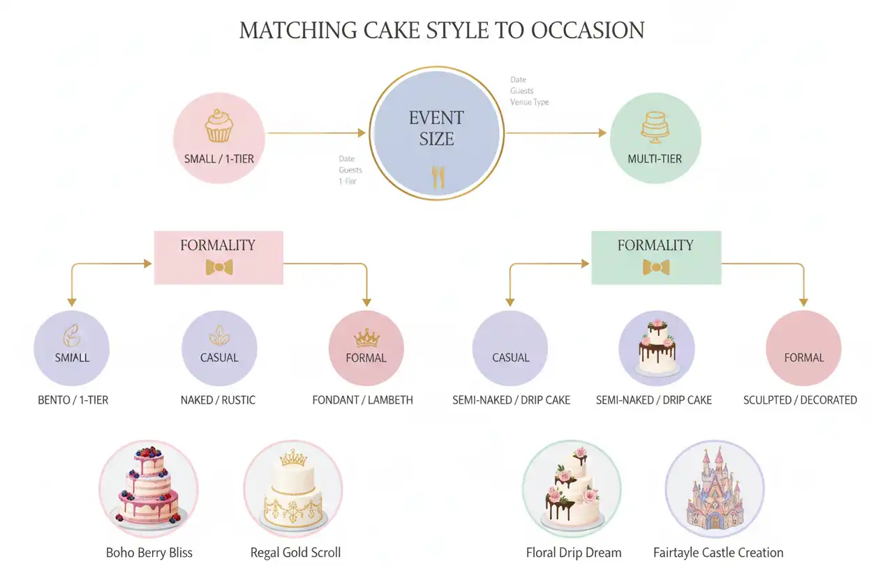 Visual flowchart matching cake styles to event sizes and formal vs. casual occasions