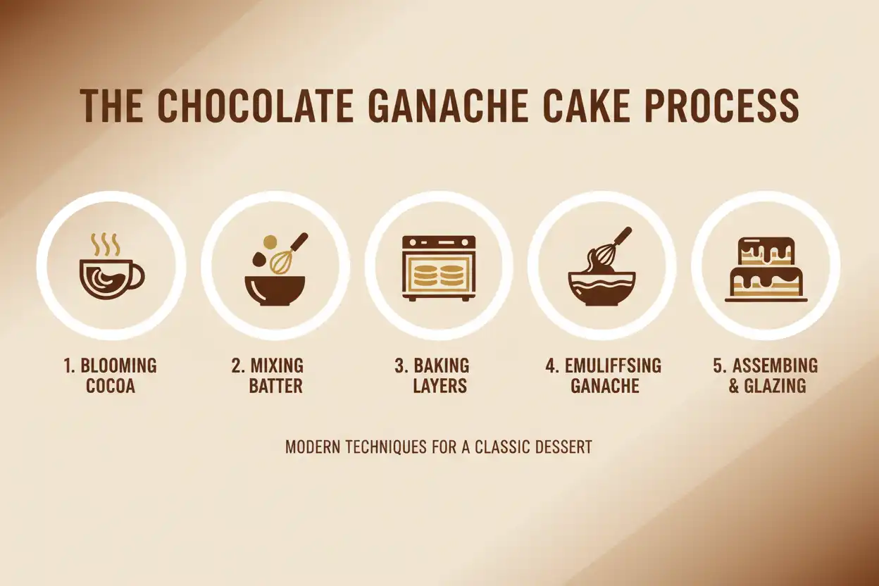 Visual flowchart of the cake process from blooming cocoa to mixing, baking, making ganache, and glazing