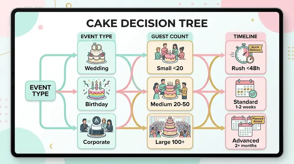 Visual flowchart showing the decision tree for getting cake based on event type, guest count, and timeline