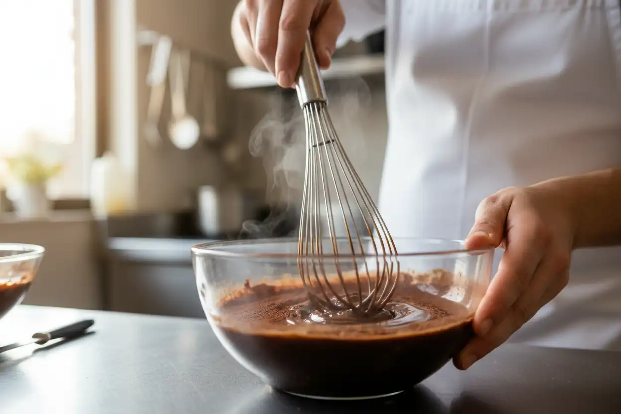 Whisking hot brewed coffee into Dutch-processed cocoa powder in a glass bowl