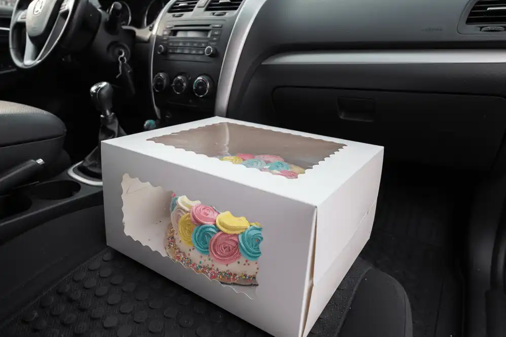 Boxed cake placed securely on non-slip mat in car floorboard