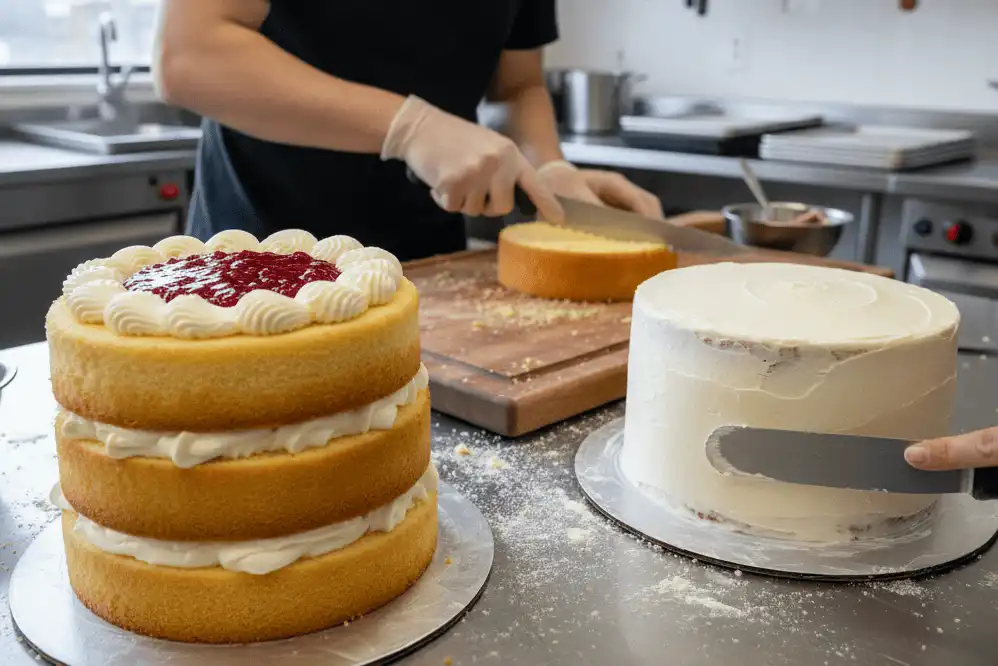 Cake assembly showing torting, piping a buttercream dam, and smoothing crumb coat
