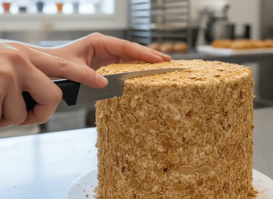 Carving the 45-degree mouth wedge into the stacked chilled cake