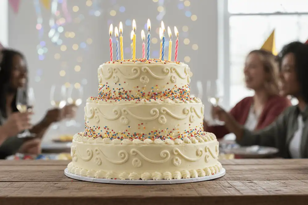Classic tiered birthday cake with candles on a dessert table