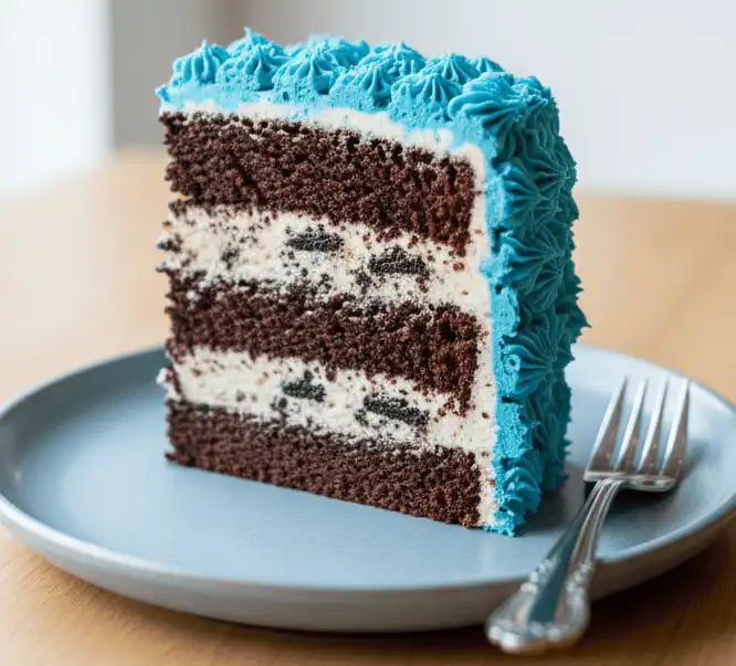 Cleanly cut slice showing crumb layers and blue fur exterior