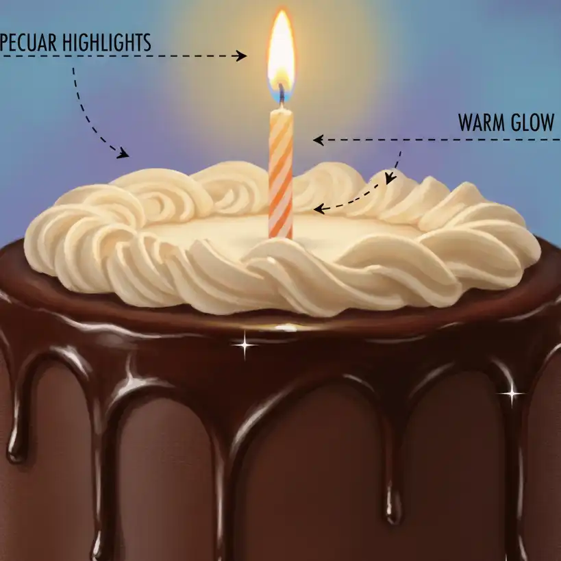 Color rendering demonstration showing candle glow halos and high-contrast chocolate drips