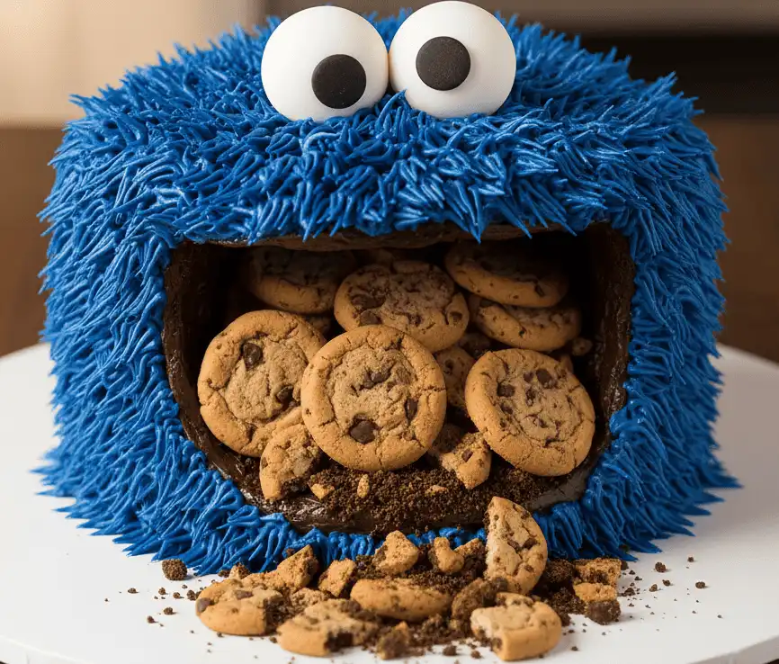 Cookie Monster Cake Hero Shot with Cookies Spilling from Mouth