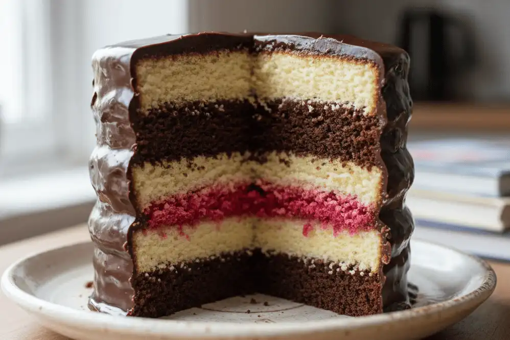 Cross-section cut of a four-layer cake showing sponge, soak, and filling distribution
